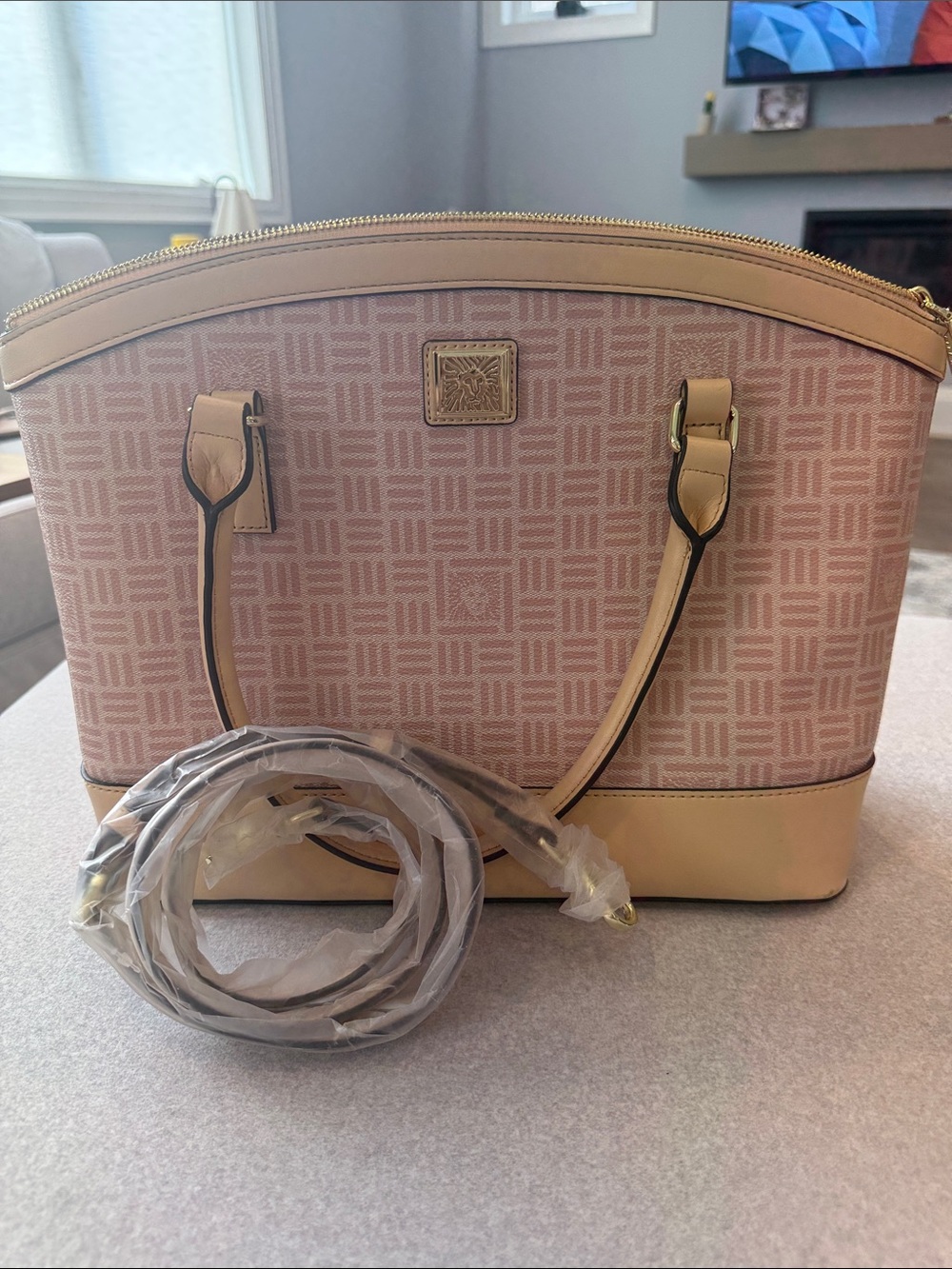 Anne Klein Blush Pink Patterned Shoulder Tote with Cream Trim
